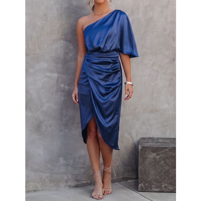 Asymmetrical One Shoulder Ruched Resort Satin Midi Dress