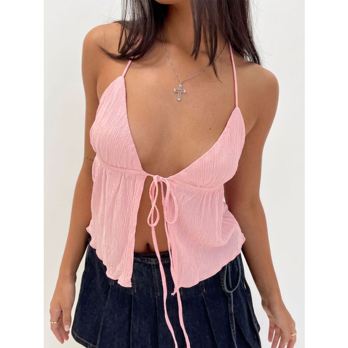 Playful Plunge Halter Neck Tie Front Slit Summer Resort Plisse Crop…
