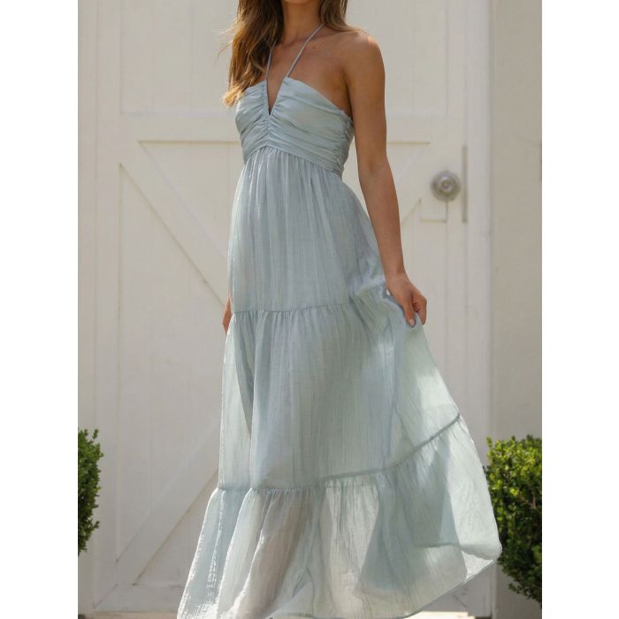 Flowy Halter Deep V Ruched Empire Waist Resort Tiered Maxi Dress