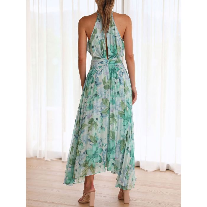 Watercolor Floral Ruched Waist Sleeveless Resort Pleated Midi Dress