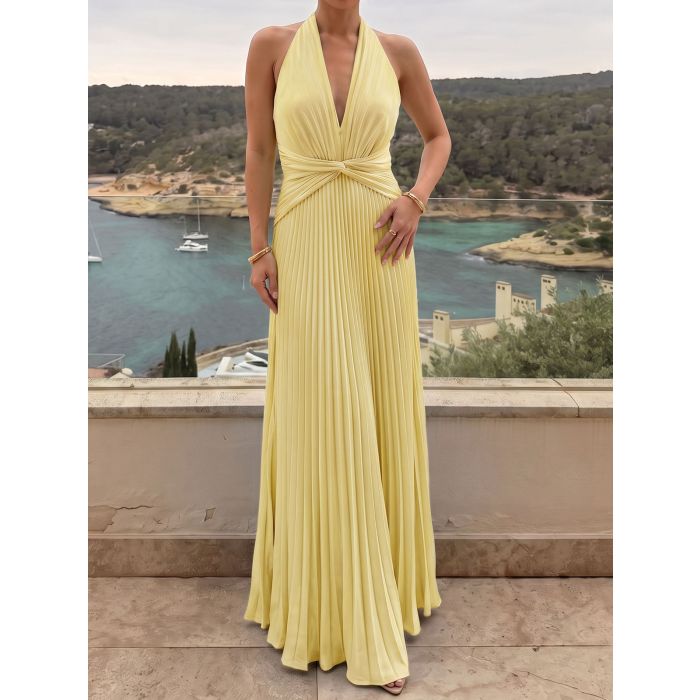 Elegant Plunge Halter Twisted Waist Open Back Resort Pleated Maxi D…