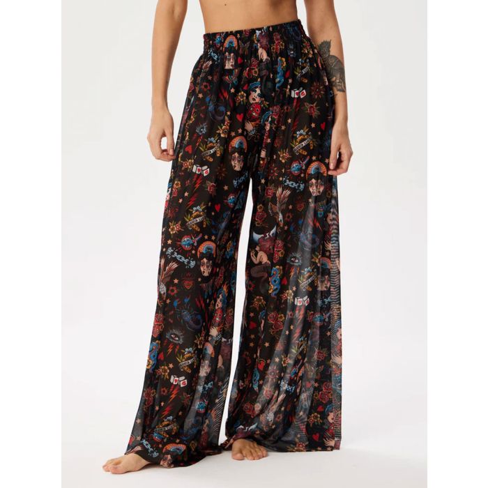 Tropical Printed Ruched High Waist Resort Wide Leg Pants