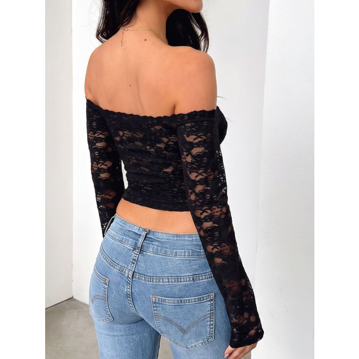 Flattering Off Shoulder Bandeau Layer Long Sleeve Resort Crop Lace…