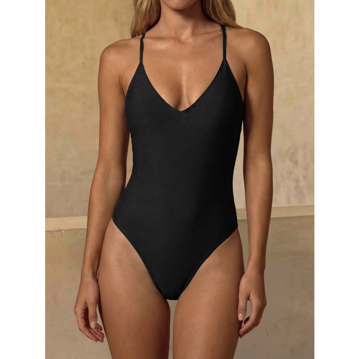 Athletic V-Neck Solid Color Criss Cross Tie Back One-Piece Swimsuit