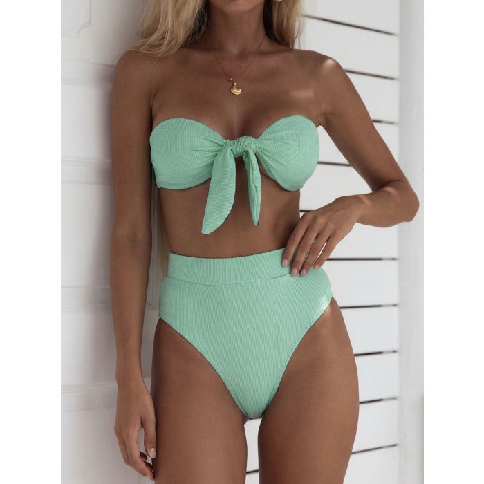 Classic High Waist High-Cut Bow Tie Ribbed Bandeau Two-Piece Bikini…