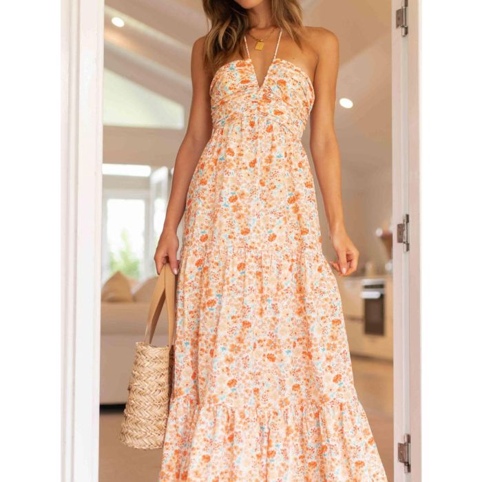Flowy Halter Deep V Ruched Empire Waist Resort Tiered Maxi Dress