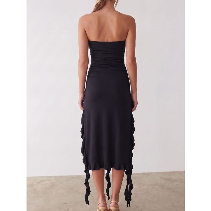 Flowy Ruffle Fringe Split Resort Ruched Bodycon Strapless Midi Dress
