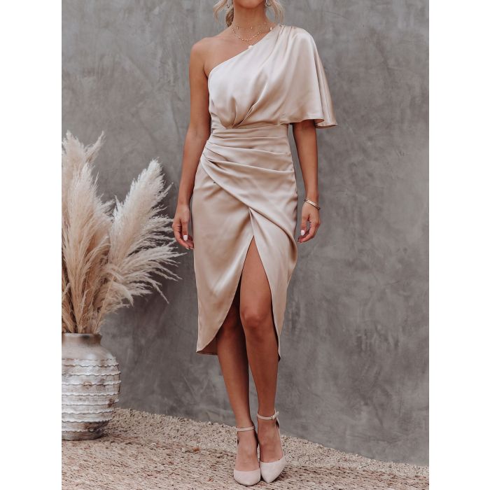 Asymmetrical One Shoulder Ruched Resort Satin Midi Dress