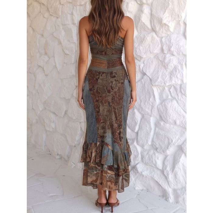 Vintage One Shoulder Ruffle High Split Resort Floral Midi Dress