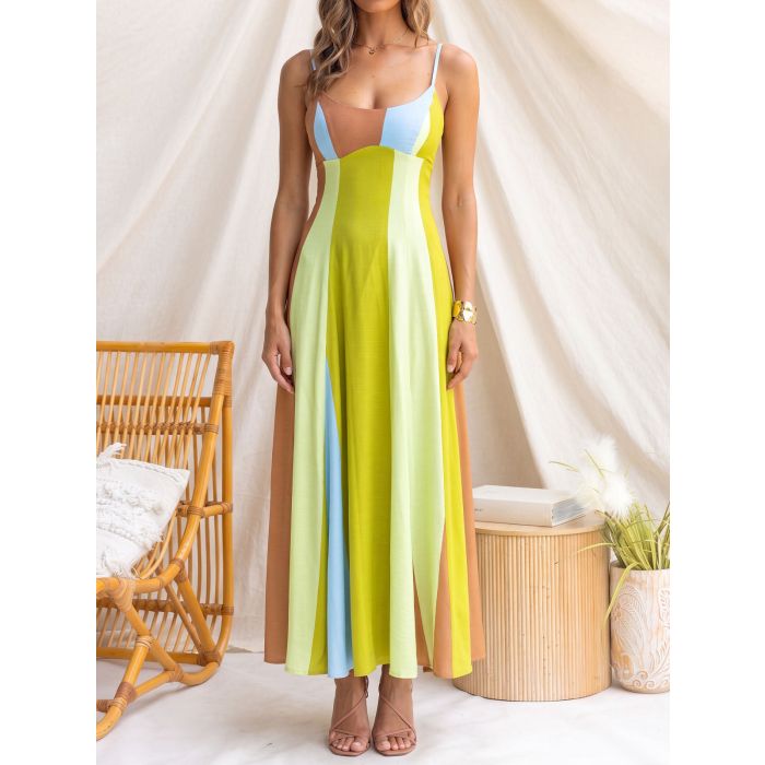 Vibrant Stripe Scoop Neck Empire Waist Resort Slip Midi Dress