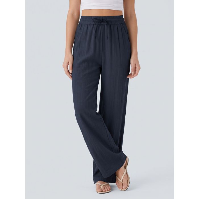 Casual Drawstring Tie High Waist Pocket Resort Wide Leg Pants