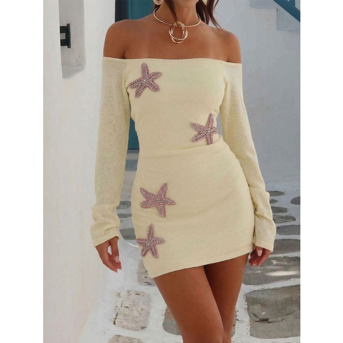 Starfish Applique Off Shoulder Resort Bell Sleeve Knit Mini Dress