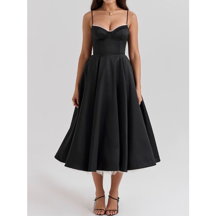 Elegant Sweetheart Fit Flare Tulle Layer Resort Satin Slip Midi Dre…