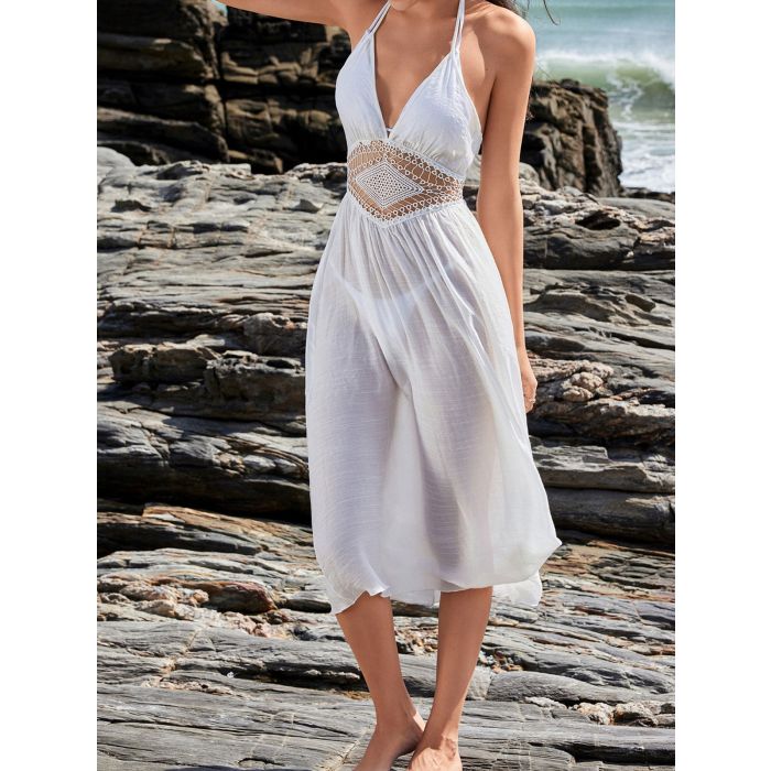 Flattering Plunge Halter Tie Back Crochet Knit Beach Cover-Up Midi…