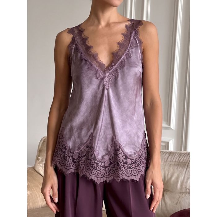 Vintage Eyelash Lace Deep V-Neck Resort Silky Satin Tank Top