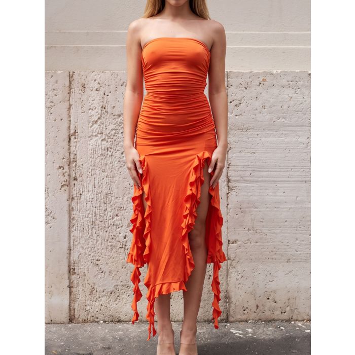 Flowy Ruffle Fringe Split Resort Ruched Bodycon Strapless Midi Dress