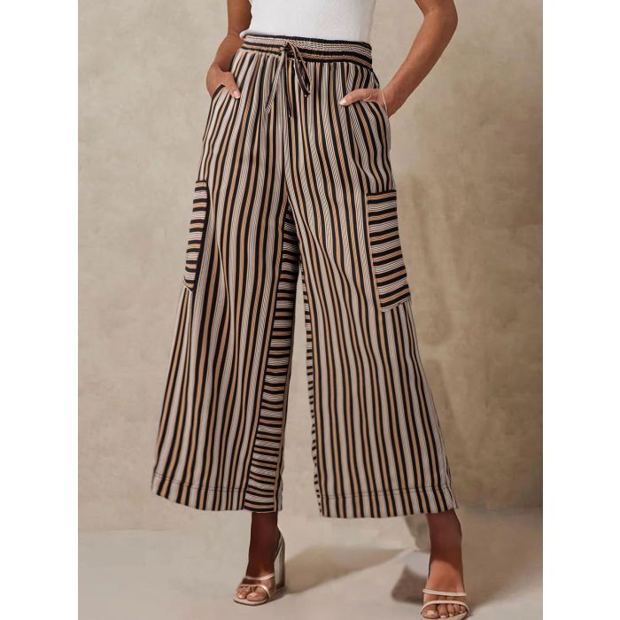 Vibrant Striped Tie High Waist Cargo Pocket Resort Wide Leg Pants