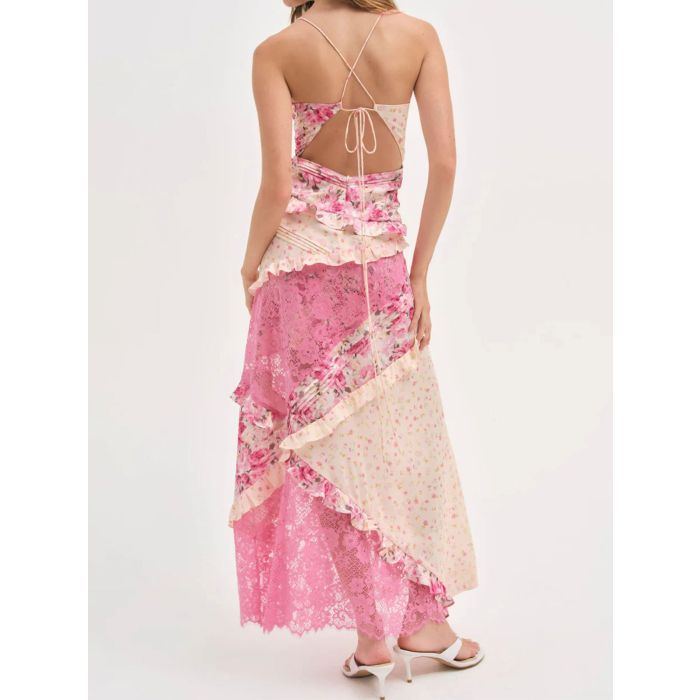 Resort Pleated V-Neck Ruffle Floral Patchwork Lace Slip Maxi Dress
