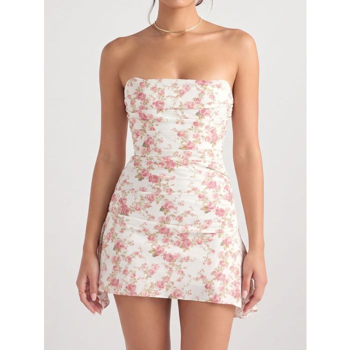 Pretty Strapless Ruched a Line Silky Satin Resort Corset Mini Dress