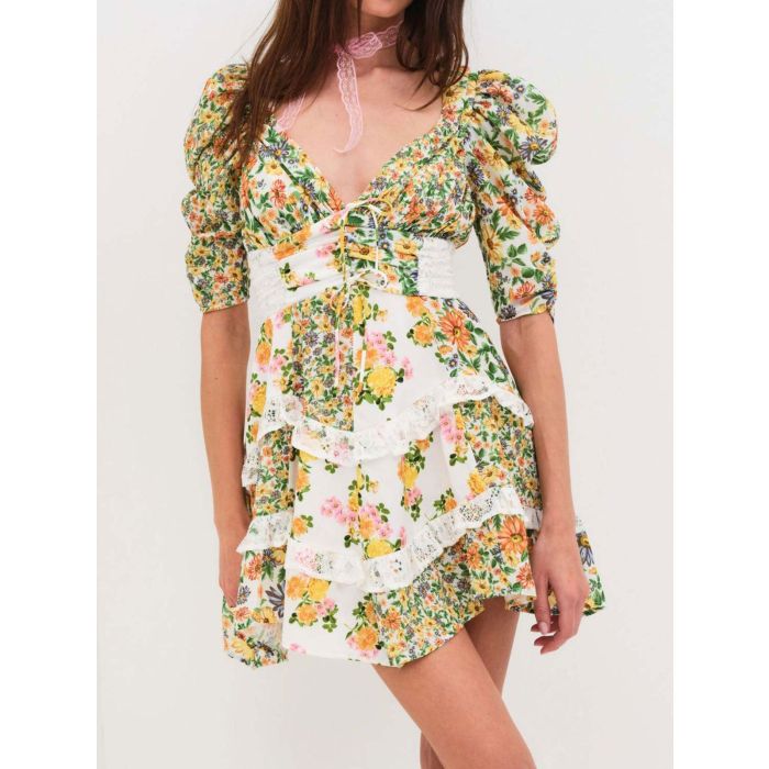 Resort Floral Pleated V-Neck Lace Ruffle Tiered Puff Sleeve Mini Dr…