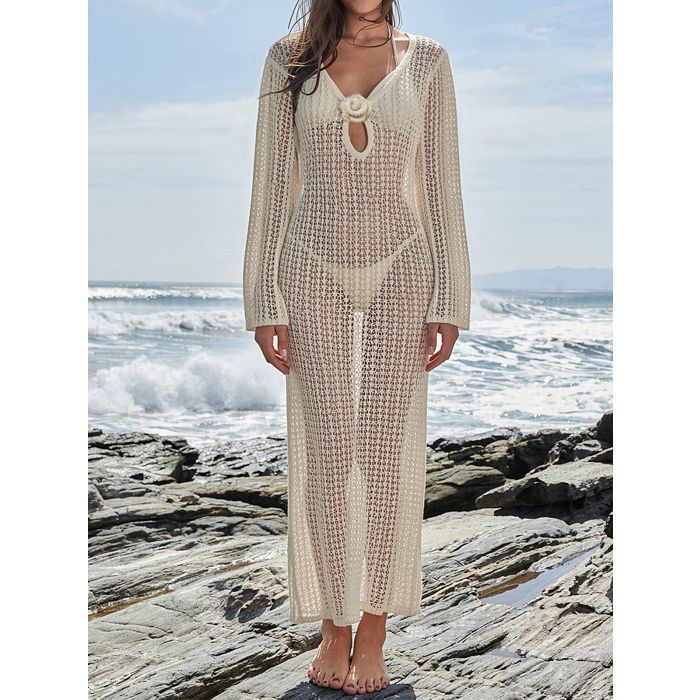 Flattering Cutout Back 3D Flower Beach Crochet Knit Cover-Up Maxi D…