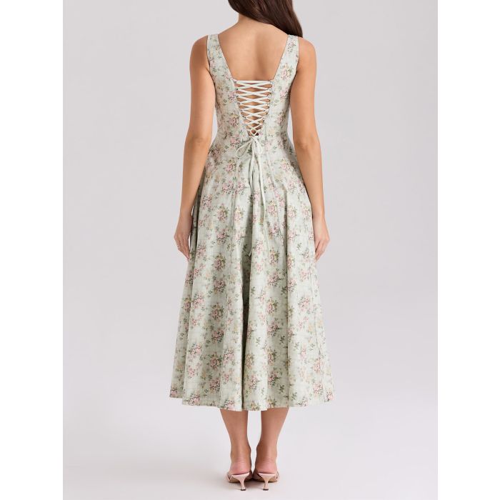 Romantic Square Neck Lace Up Back Resort Floral Midi Sundress