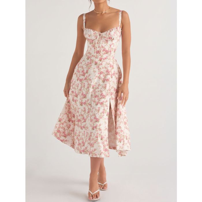 Flowy Tie Front Sweetheart Lace Up Resort Slit Floral Midi Sundress