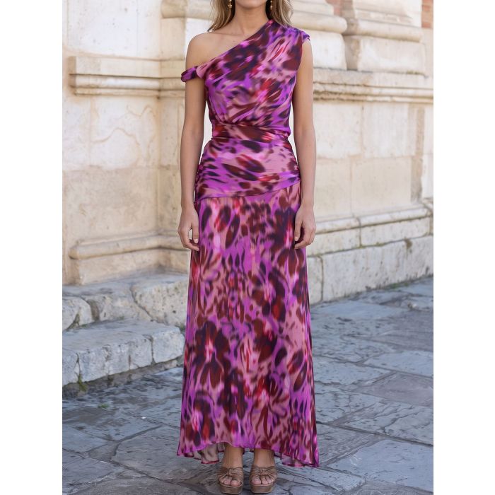 Graceful One Shoulder Drop Waist Resort Tie Dye Printed Maxi Dress
