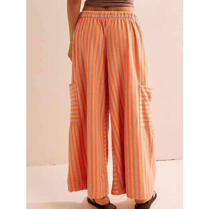 Vibrant Striped Tie High Waist Cargo Pocket Resort Wide Leg Pants