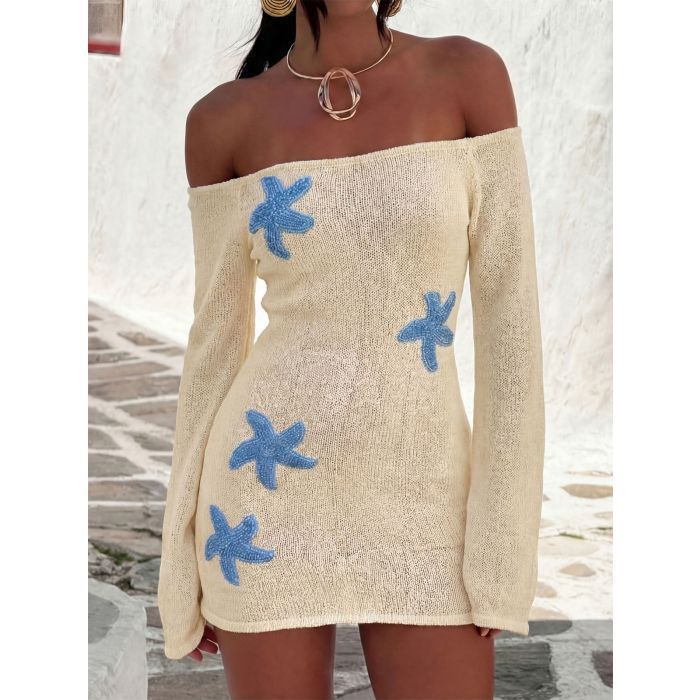 Starfish Applique Off Shoulder Resort Bell Sleeve Knit Mini Dress