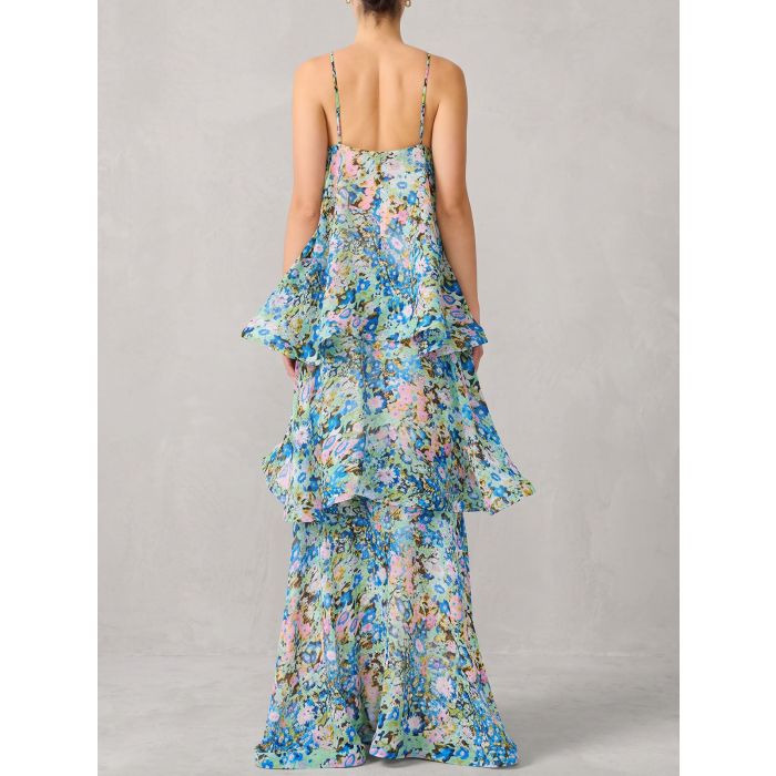 Ethereal Square Neck Tiered Ruffle Resort Floral Slip Maxi Dress