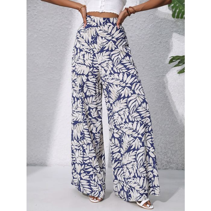 Tropical Leaf High Waisted Wide Leg Resort Chiffon Palazzo Pants