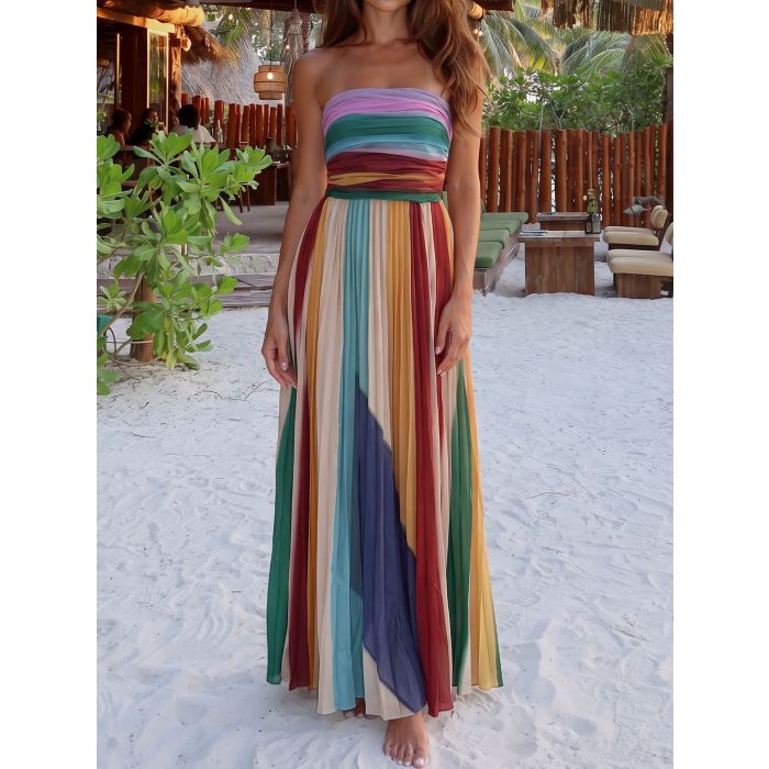Colorful Rainbow Stripe Strapless High Waist Resort Pleated Maxi Dr…
