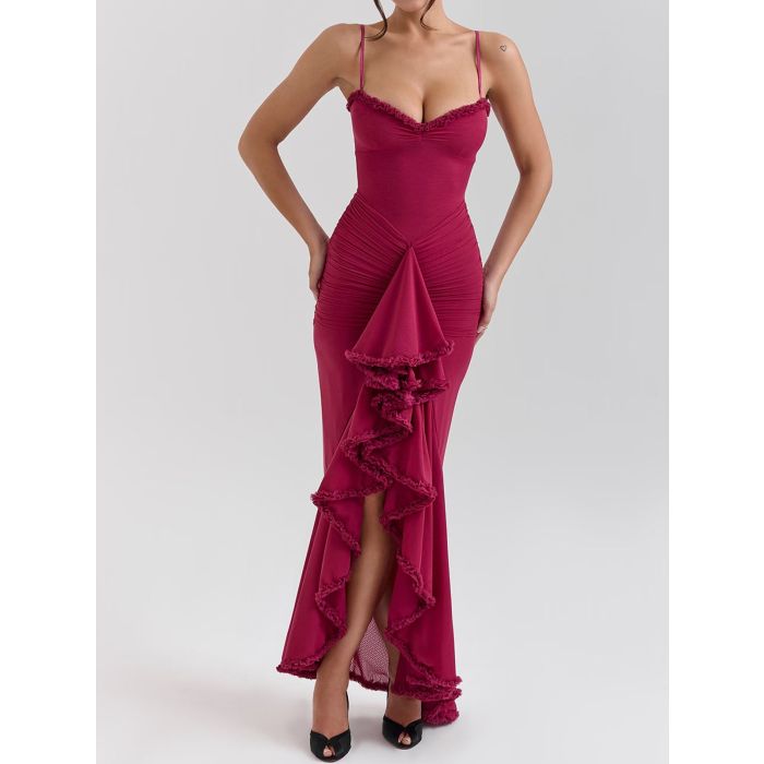Flowy Ruffle Sweetheart Ruched Mesh Resort Sleeveless High Low Dress