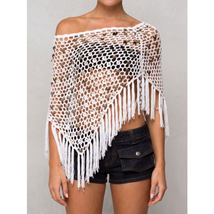 Sparkly Sequin Boat Neck Macrame Fringe Resort Crochet Knit Poncho…