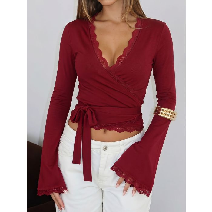 Feminine Scalloped Lace Long Sleeve Resort Tie Waist Wrap Top
