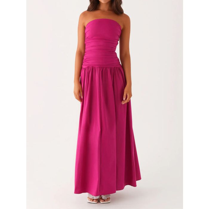 Breezy Ruched Strapless Drop Waist Resort Fit Flare Maxi Dress