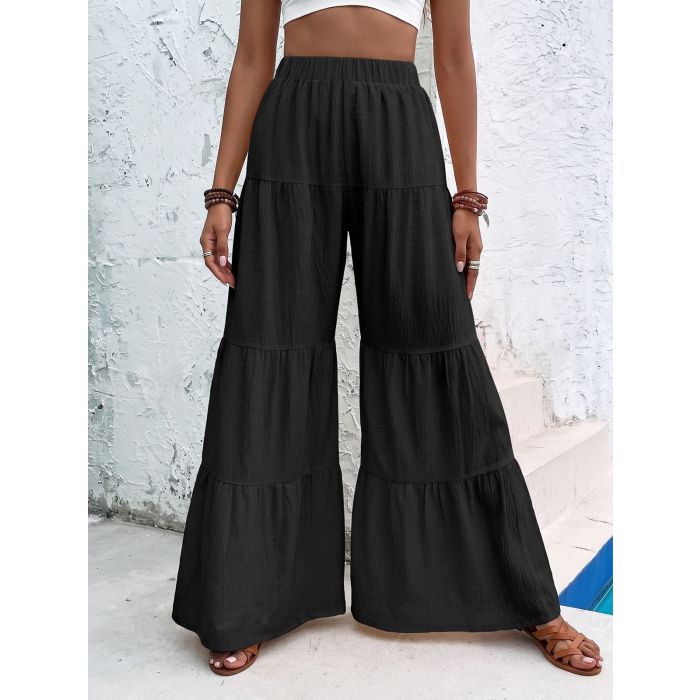 Relaxed Chic Tiered Flare High Waist Resort Crinkle Wide Leg Pants