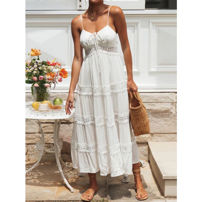 Relaxed Tie Neck Smocked Back Resort Crochet Tiered Midi Sundress