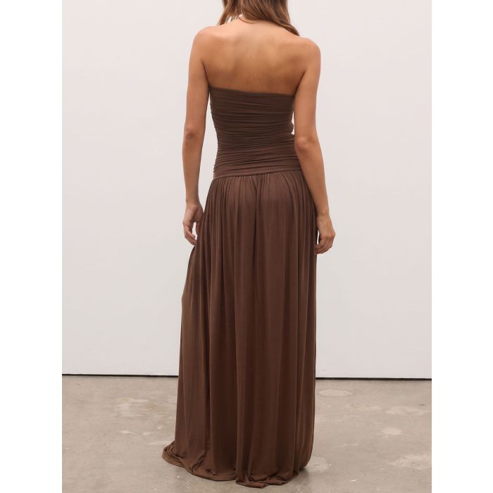 Minimalist Solid Color Strapless Resort Drop Waist Ruched Maxi Dress