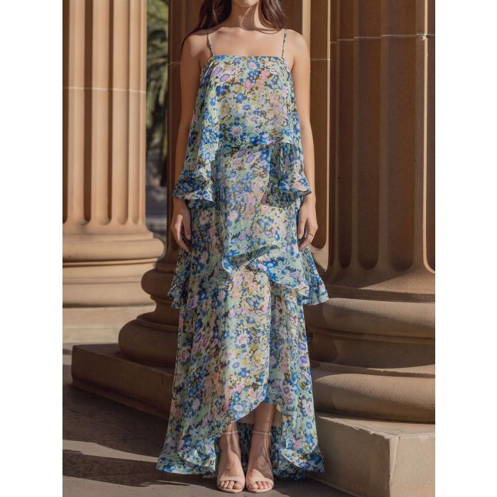 Ethereal Square Neck Tiered Ruffle Resort Floral Slip Maxi Dress