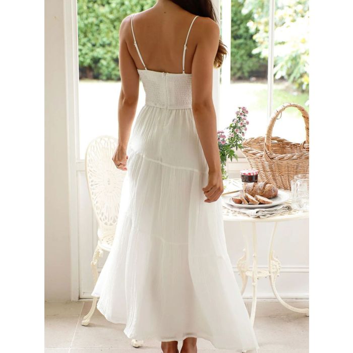 Relaxed Tie Neck Smocked Back Resort Crochet Tiered Midi Sundress