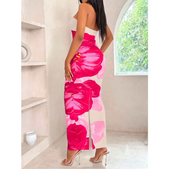 Vibrant Contrast Watercolor Floral Resort Column Strapless Maxi Dre…