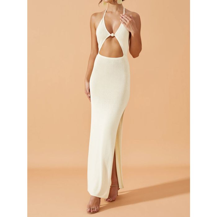 Flattering Backless Beaded Halter Tie Cutout Resort Split Knit Maxi…