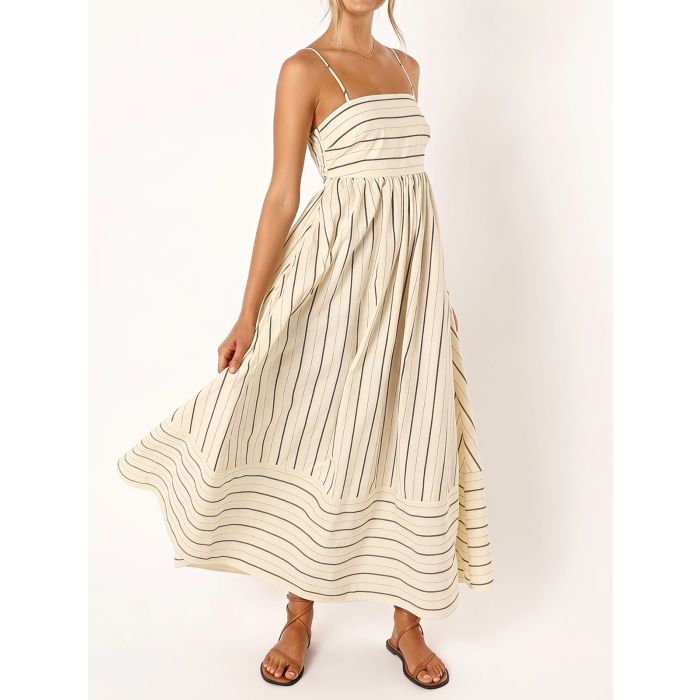 Flattering Square Neck Empire Waist Resort Striped Slip Maxi Dress
