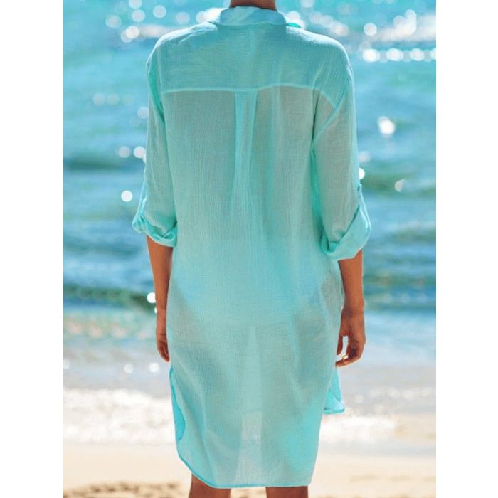 Casual Collared Button Up Oversized Beach Crinkled Cover-Up Blouse