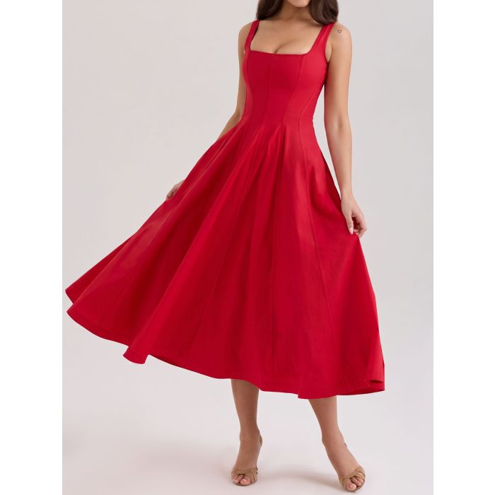 Romantic Square Neck Lace Up Back Resort Floral Midi Sundress