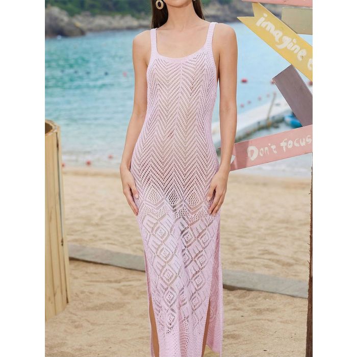 Wavy Open Knit High Split Sleeveless Beach Crochet Midi Dress