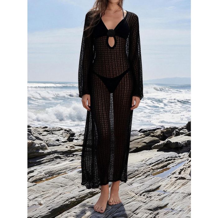 Flattering Cutout Back 3D Flower Beach Crochet Knit Cover-Up Maxi D…