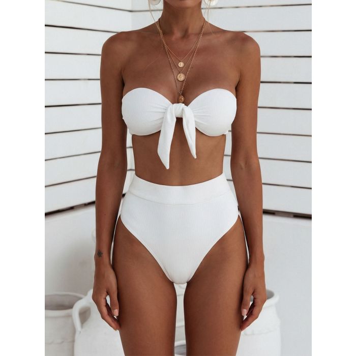 Classic High Waist High-Cut Bow Tie Ribbed Bandeau Two-Piece Bikini…